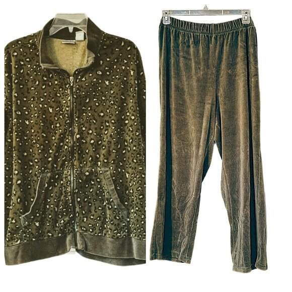 Vintage Erika Woman 2 Piece Olive Green Velour Animal Print Lounge Set Size 2X - Picture 1 of 5
